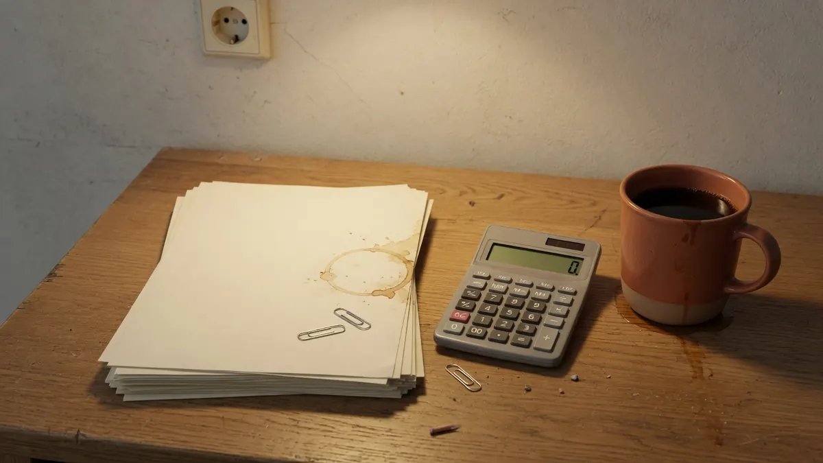 Eichenschreibtisch mit ausgedruckten Posteingängen, Taschenrechner und einer terrakottafarbenen Tasse.