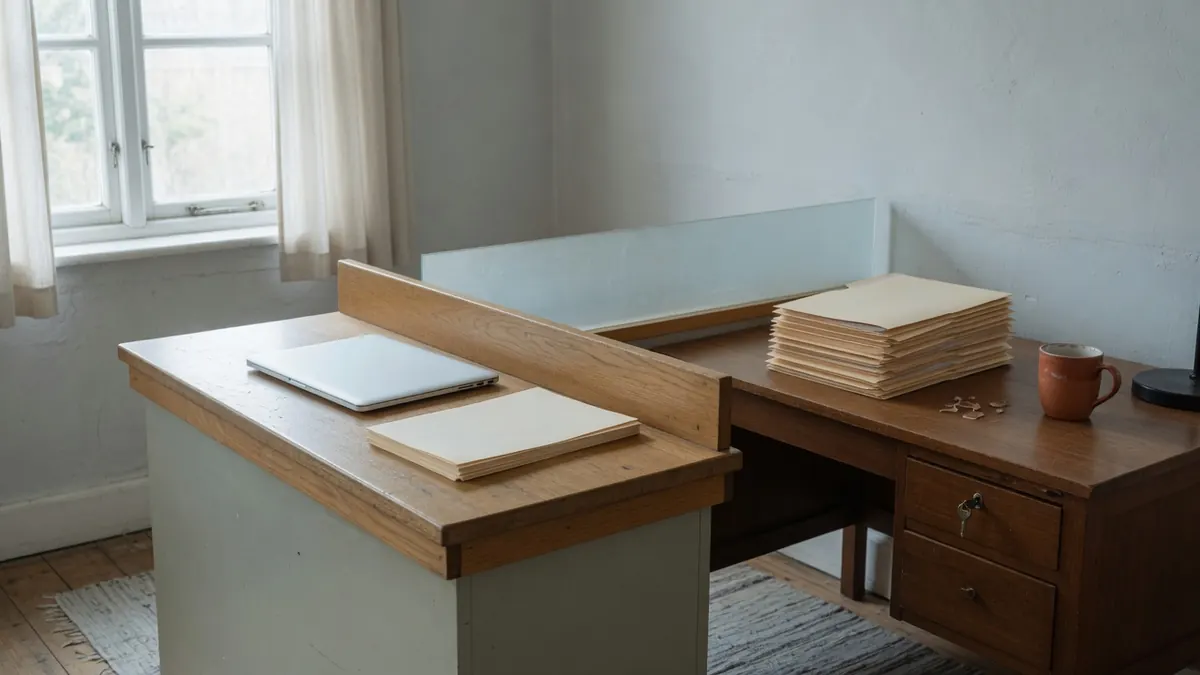 Ein Raum, zwei Arbeitsplätze Rücken an Rücken: Theke mit geschlossenem Laptop und innerer Schreibtisch mit dickerem Papierstapel.