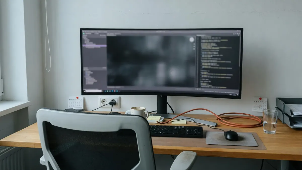 Kleines Büro mit Ultrawide-Monitor, die Oberfläche unscharf, Eichenschreibtisch und ein terrakottafarbenes Kabel.