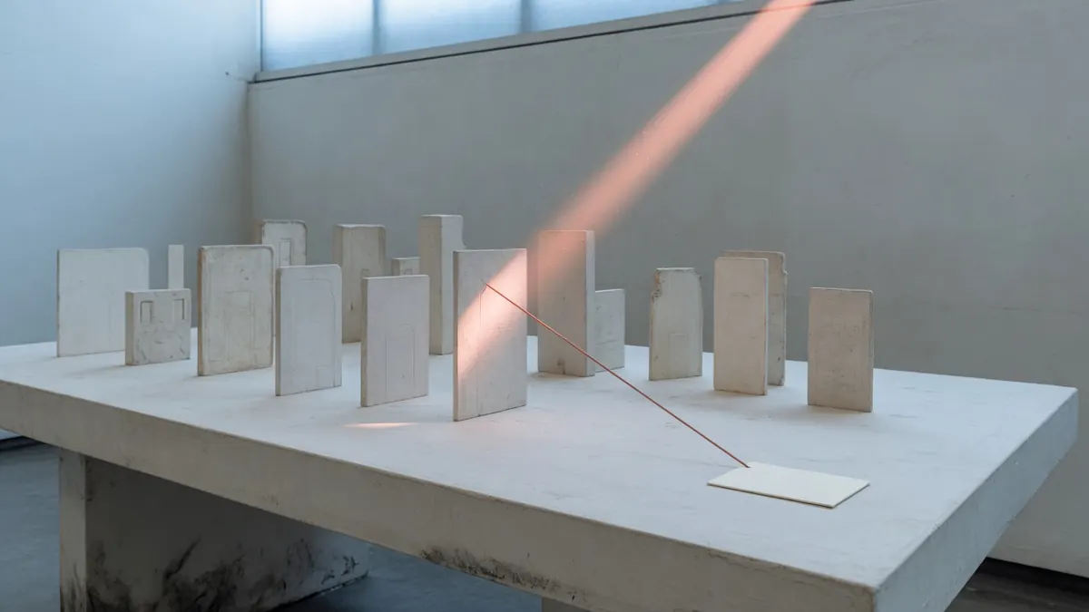 Helle Dokumentplatten wie Architektur, ein Suchstrahl trifft eine Platte und zieht eine dünne Zitationslinie.