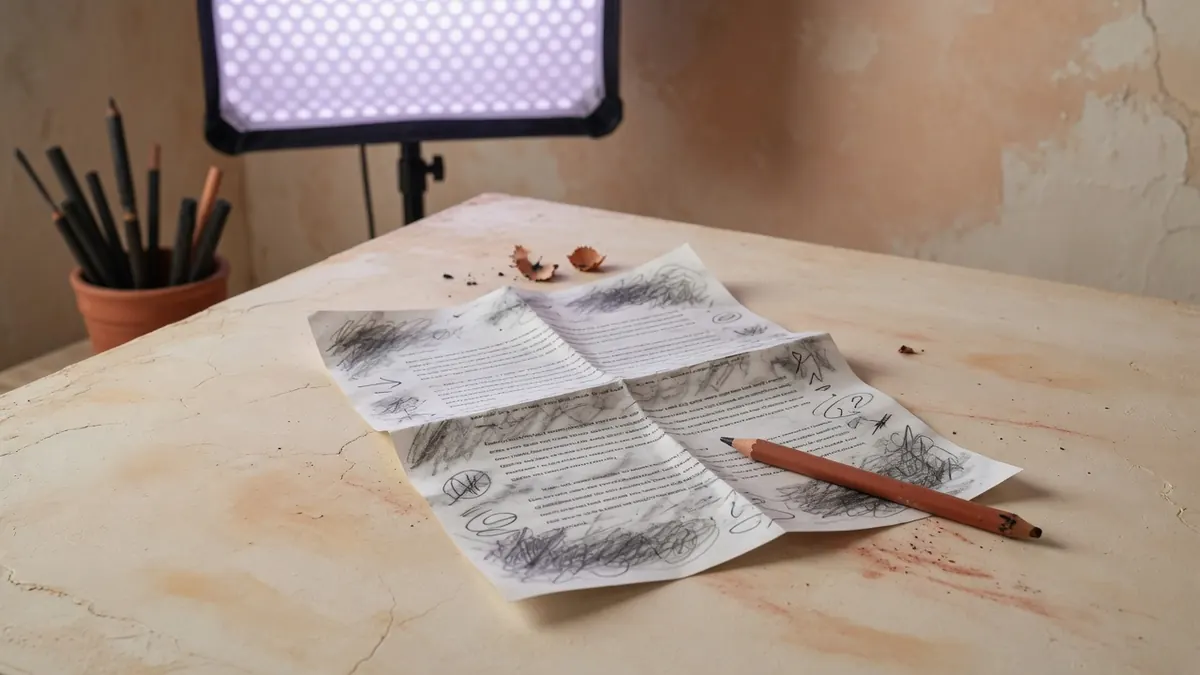 Papierskript auf dem Tisch, Bleistiftstriche, unscharfe Studioleuchte im Hintergrund, keine Person im Bild.