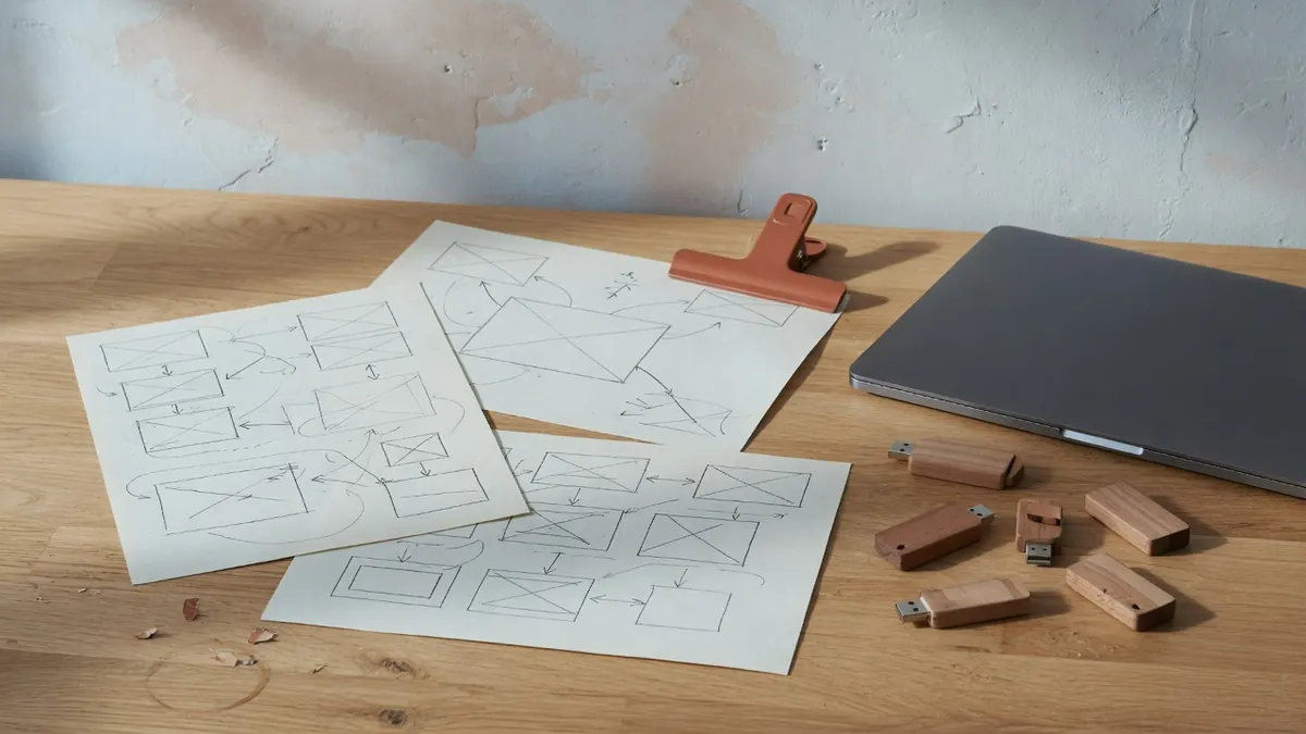 Papier-Wireframes und ein Laptop mit einer vollständig gemalten, unleserlichen Seite — ohne Adresszeile.